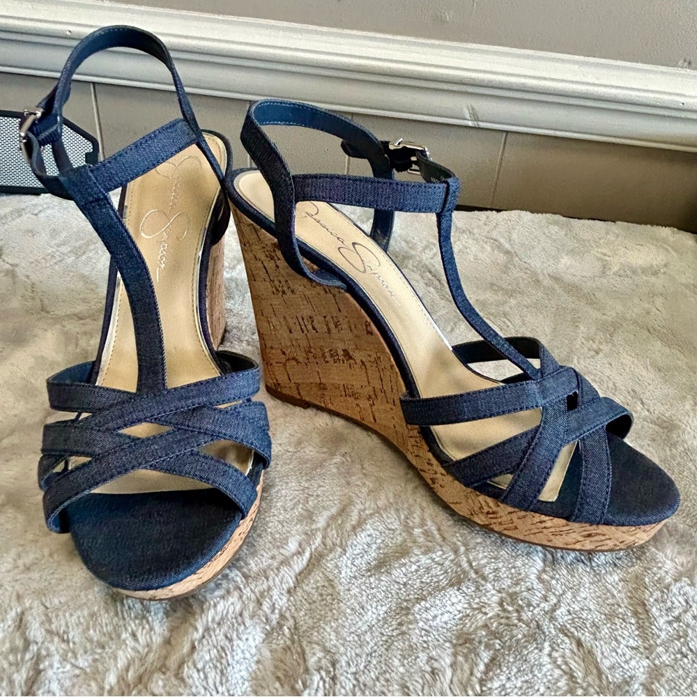 Jessica Simpson Sz 10 M Denim Strappy Cork Wedge Heels Sandals Shoes 👠 EUC